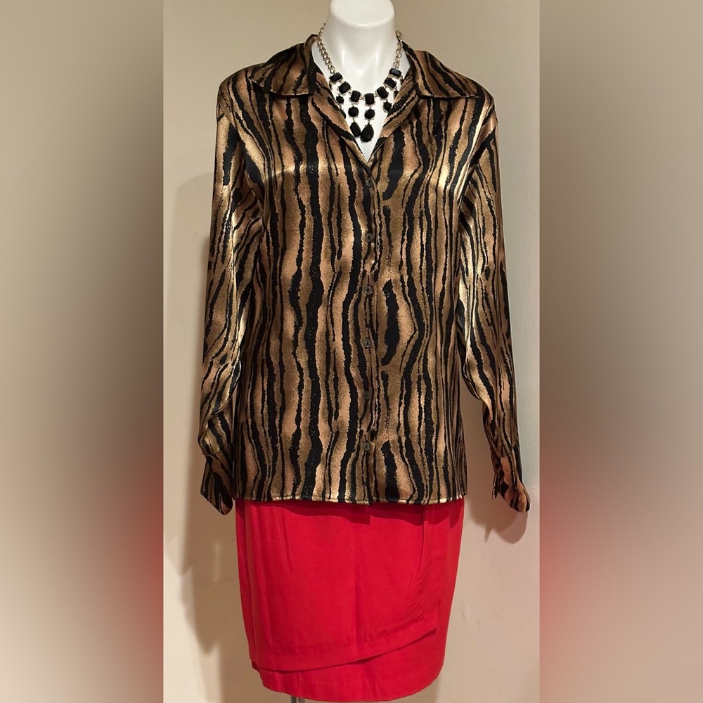 Ashley Stewart Satin Gold & Black Tiger Animal Print Button Down Blouse Sz 20.
